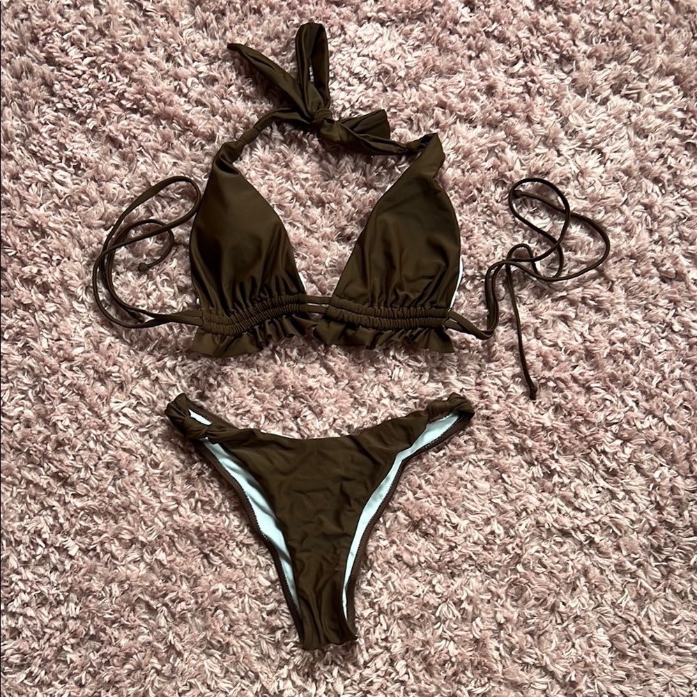 Brown Halter Cheeky Bikini Set